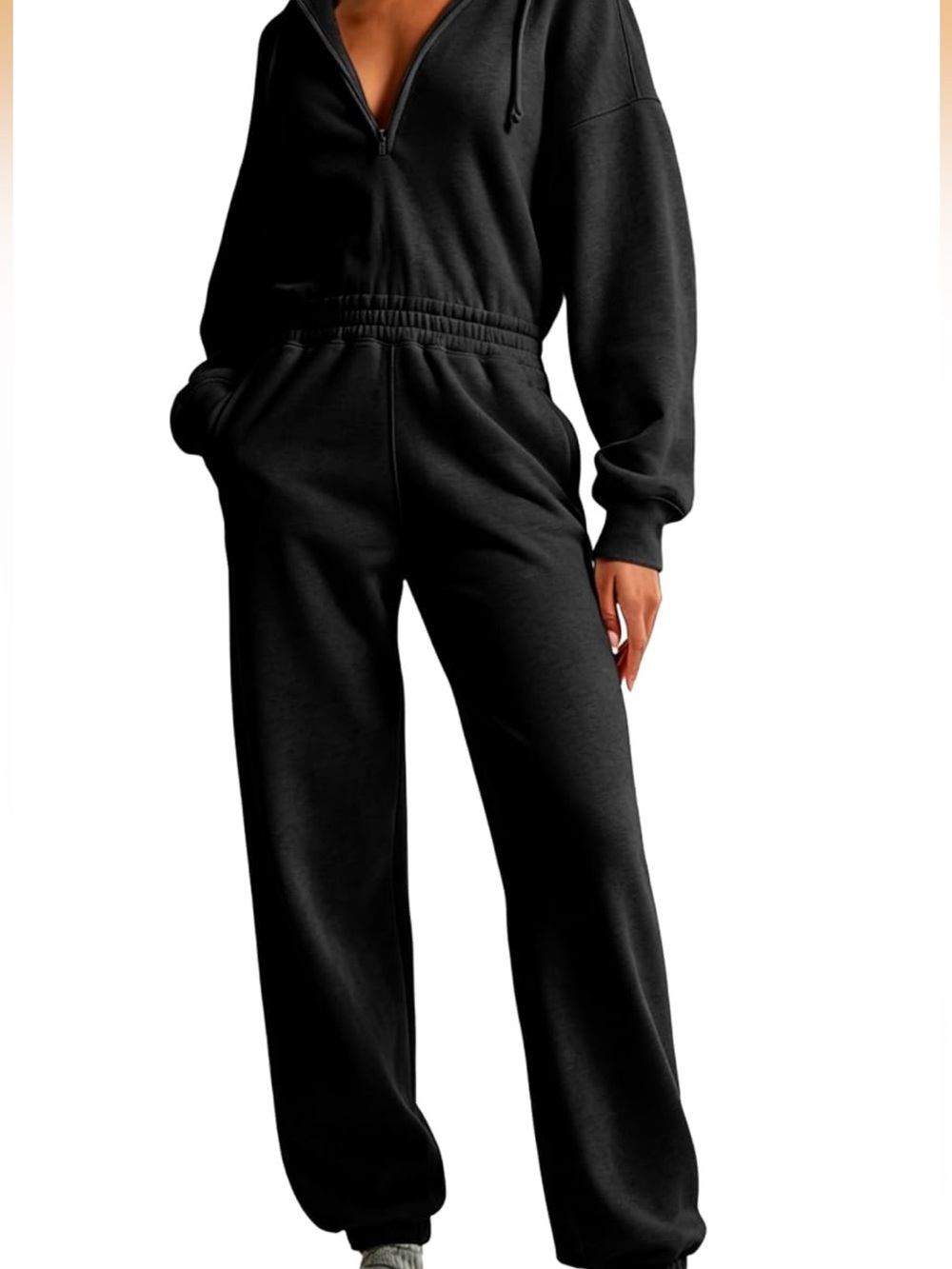Women's Black Wide-Leg Sweatpants Jumpsuit